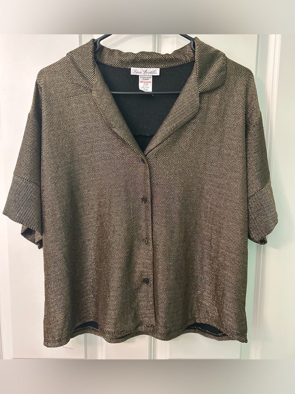 Linea Donatella Metallic Black Gold Color Short Sleeve Button up blouse